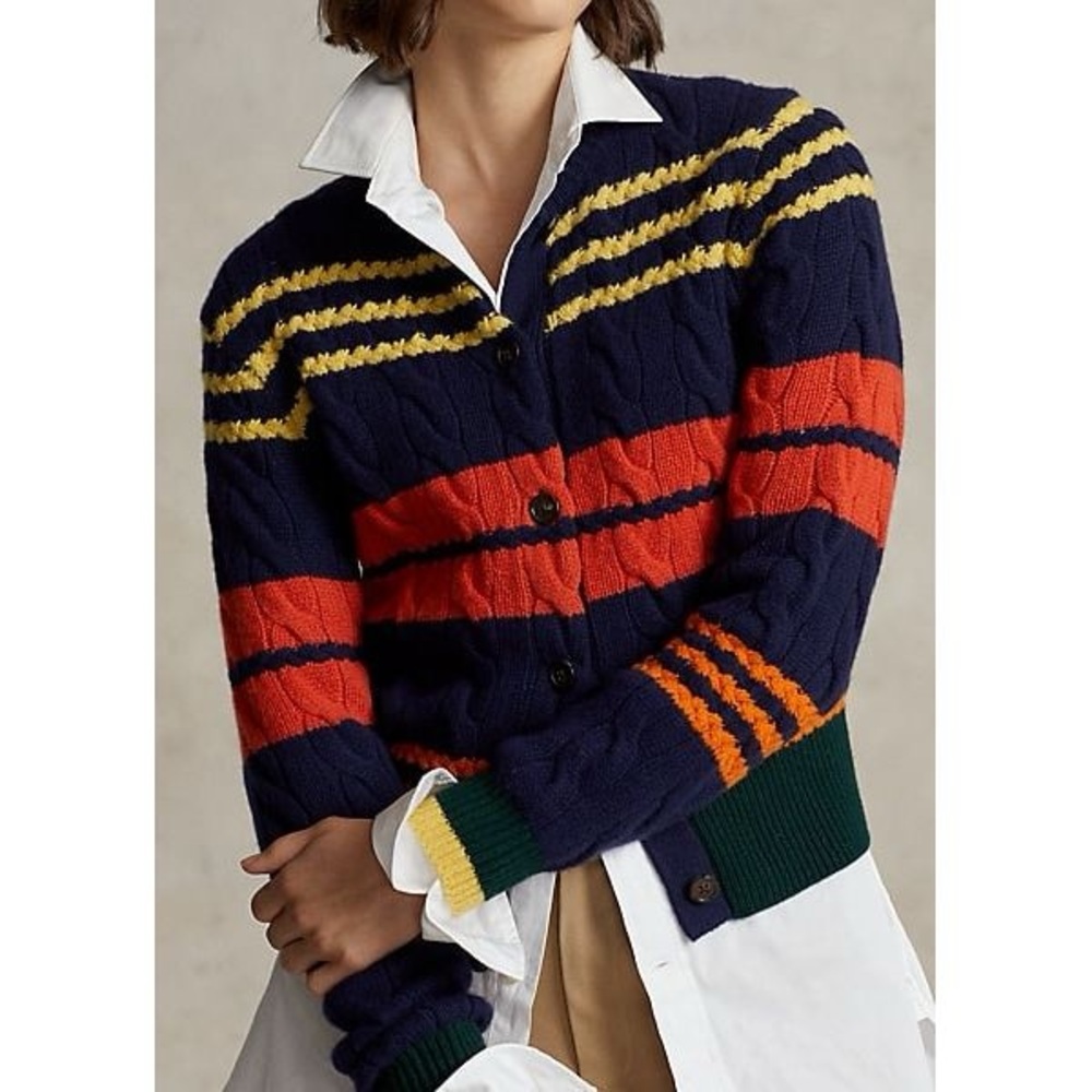 Polo Ralph Lauren Woman’s Striped Cable Wool Cashmere Cardigan. Size Small.